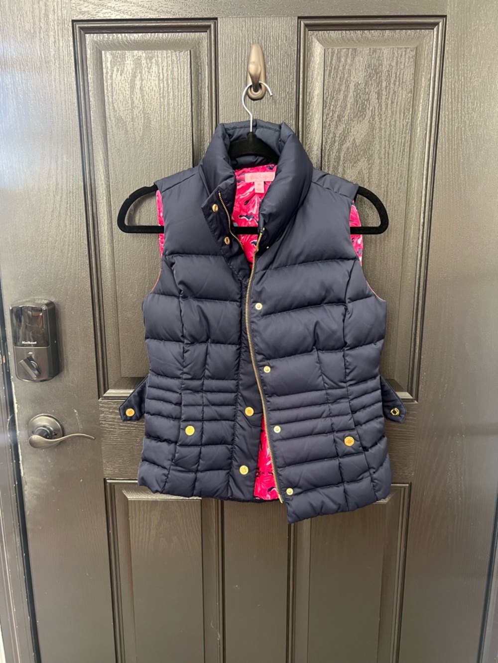 Lilly Pulitzer Navy Puffer Vest with Bright Pink Patterned Lining